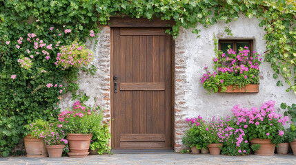 Cozy Front Door with Potted Plants and Flowers