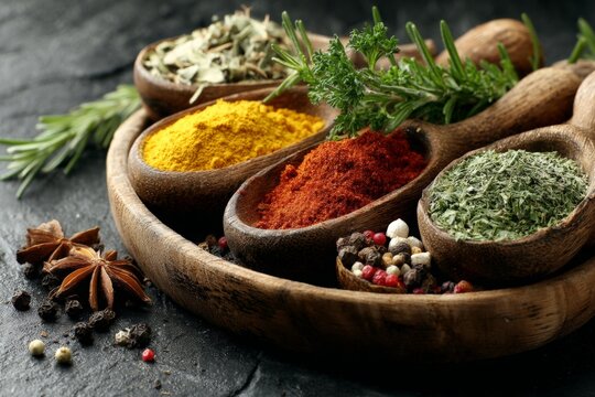 Vibrant spices arranged in wooden spoons on dark slate surface for culinary inspiration in kitchen