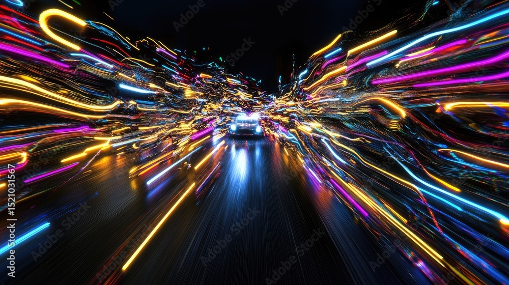 Poster Abstract cyber stream of glowing lines, futuristic LED-inspired visual texture