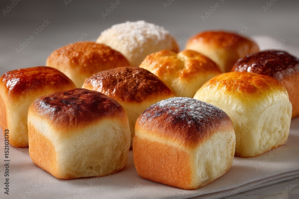 Poster soft and fluffy homemade rolls arranged neatly on a light cloth, showcasing golden and brown crusts 