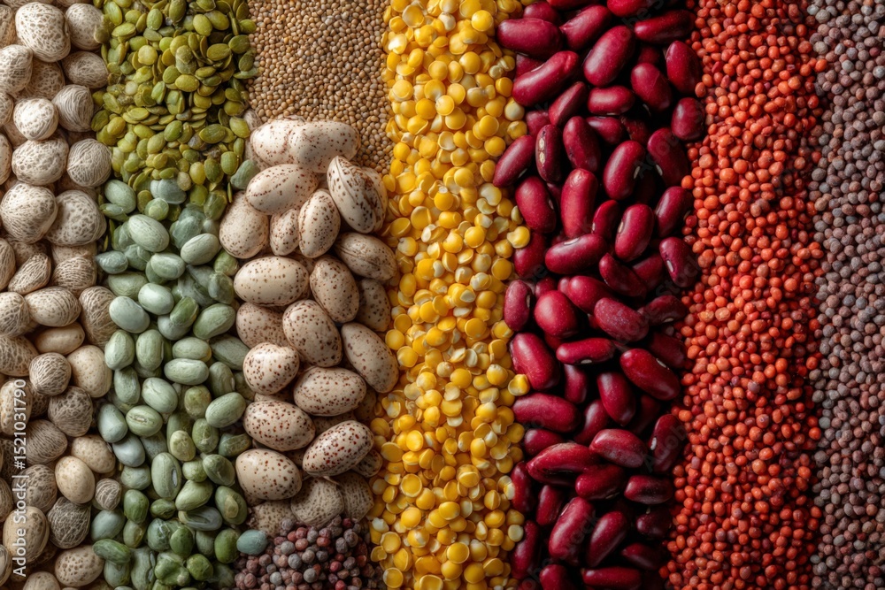 Poster Colorful arrangement of various dried legumes and seeds displayed in neat rows in a vibrant pattern