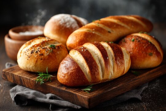 Assorted freshly baked bread rolls on a wooden board with herbs and salt in a cozy kitchen setting - Powered by Adobe