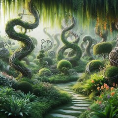 A garden where vines grow written words twisting and curling lik