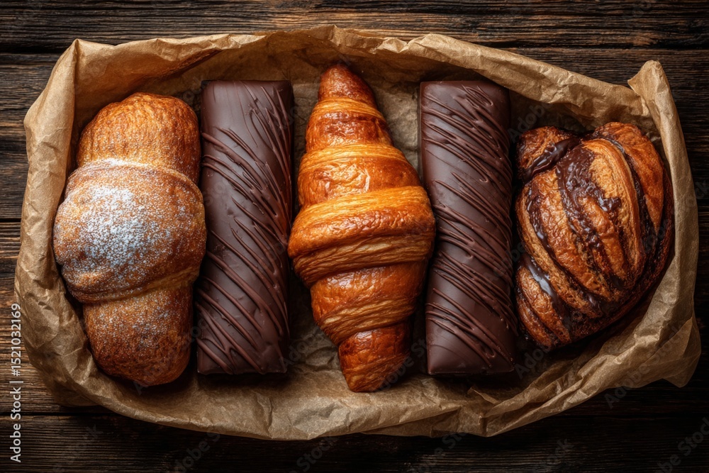 Poster Assorted pastries and chocolate treats arranged neatly on brown parchment paper in a rustic setting