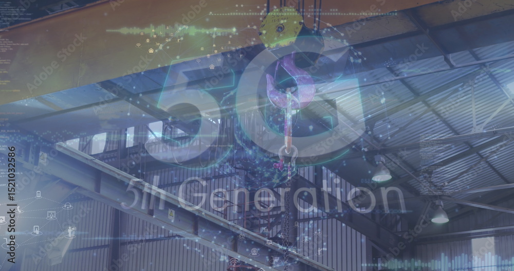 Poster image of digital data processing and 5g text over crane