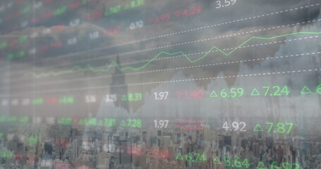 Image of financial graph and data processing over cityscape