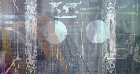 Image of financial graph and data processing over muslim businesswomen