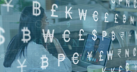 Image of data processing and currency symbols over woman using laptop