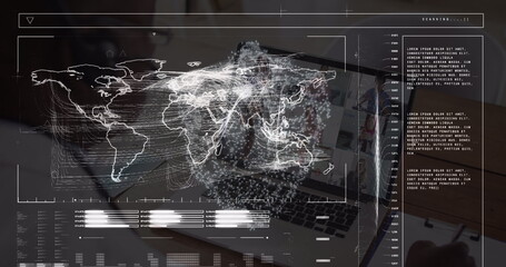 Image of data processing over digital human brain and cityscape