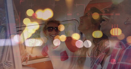 Image of digital data processing and glowing lights over diverse people in car