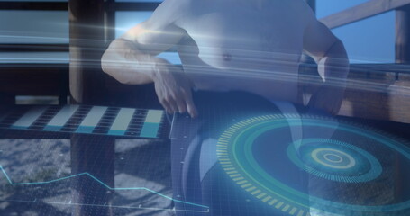 Image of digital data processing over caucasian surfer © vectorfusionart