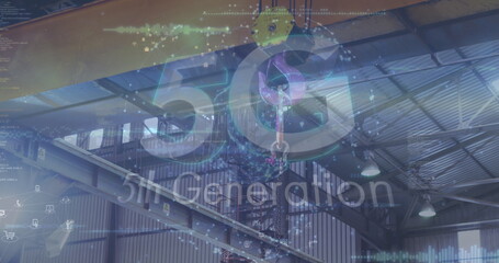 Image of digital data processing and 5g text over crane