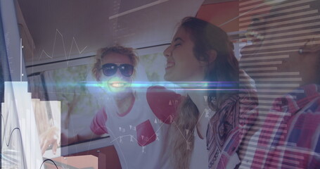 Image of digital data processing and glowing lights over diverse people in car