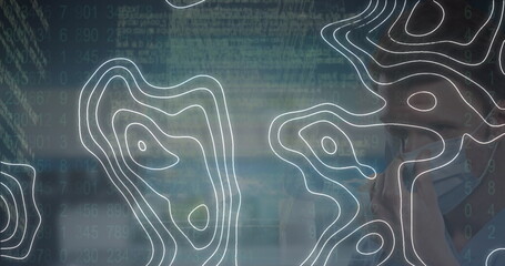 Image of digital interface and globe over caucasian doctor