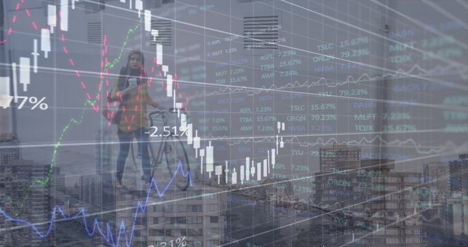 Image of data processing over woman with bicycle