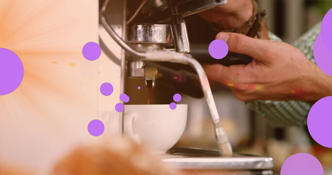 Image of falling purple dots over barista making coffee