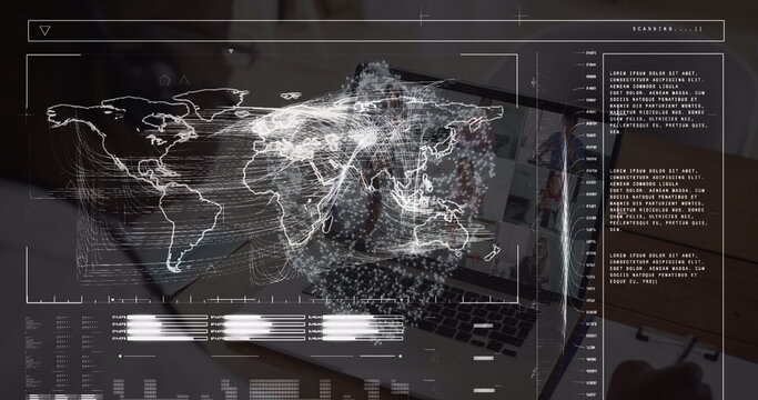 Fototapeta Image of data processing over digital human brain and cityscape