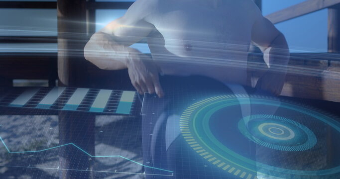 Image of digital data processing over caucasian surfer