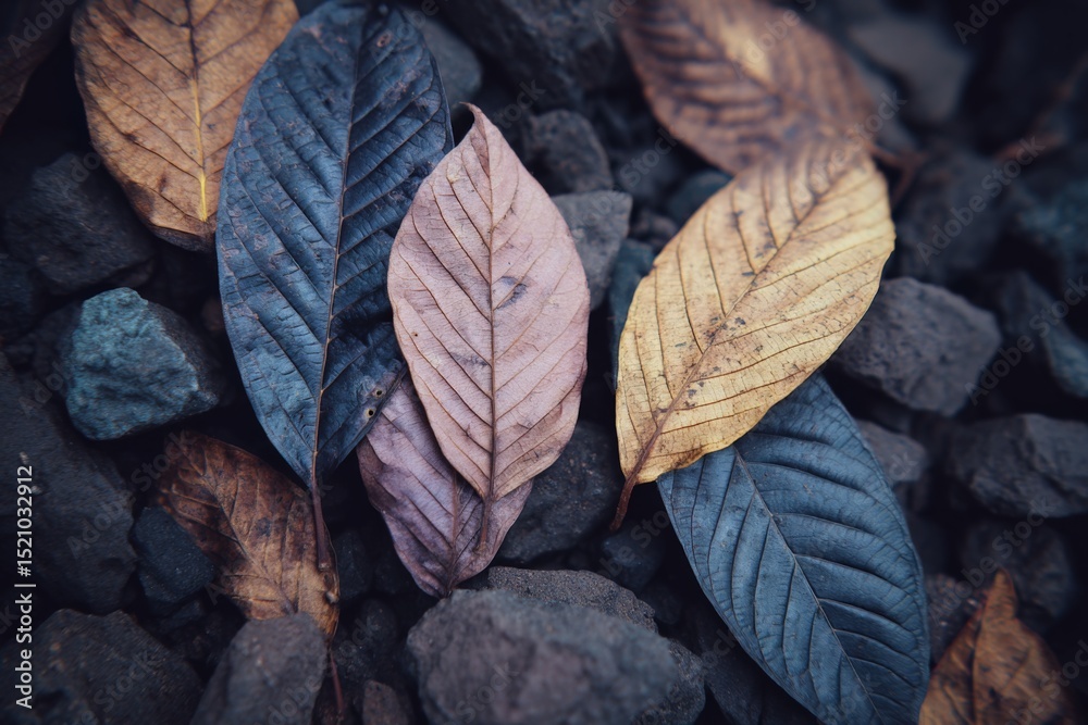 Poster fallen leaves in various colors resting on dark stones during autumn in a tranquil outdoor setting