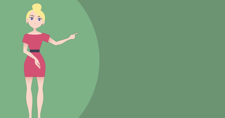 Image of caucasian businesswoman making presentation over green background