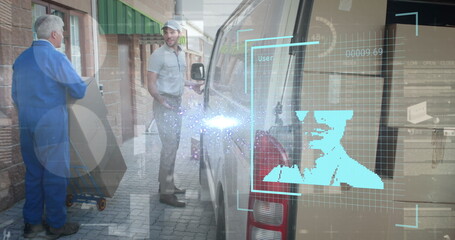 Image of digital interface over delivery man next to a car