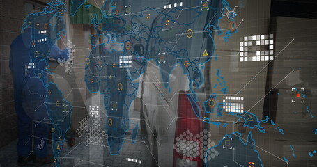 Image of world map over delivery man next to a car