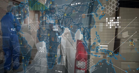 Image of world map over delivery man next to a car