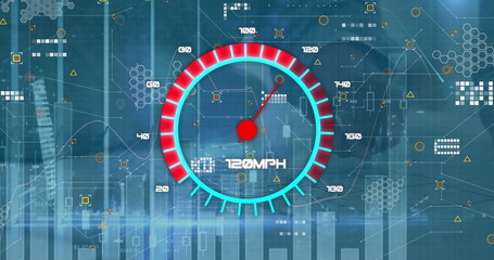 Image of speedometer over data processing