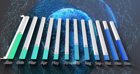 Image of data processing over globe on black background