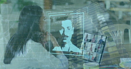 Image of graphs and user photos over woman having image call on laptop