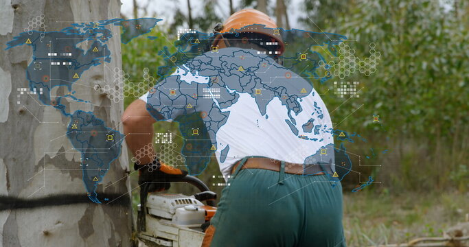 Image of world map over lumberjack