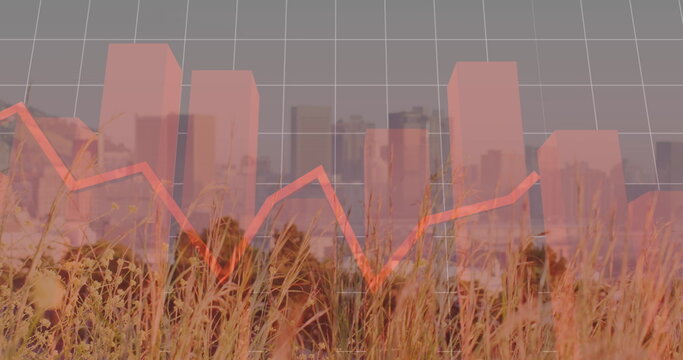Displaying red bar chart and jagged line graph over dry grass and city skyline, data visualization - Powered by Adobe