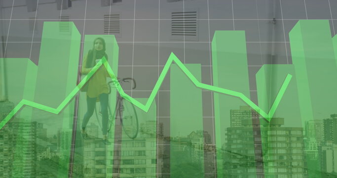 Image of finacial data processing over muslim women with bike cityscape