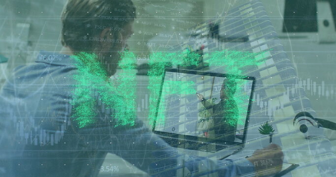 Image of nft over caucasian man having image call on laptop