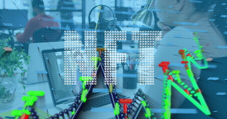 Image of nft and graphs over caucasian woman having image call on laptop