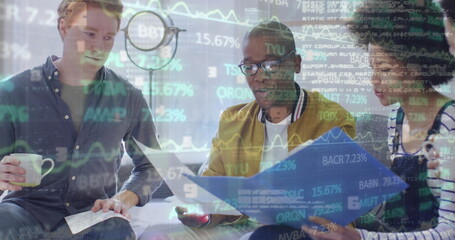 Image of data processing over business people using phone headsets