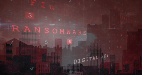 Image of cyber crime and numbers over cityscape