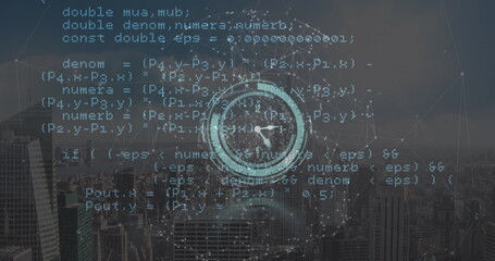 Image of clock, globe and data processing over cityscape