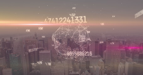 Image of numbers, globe and connections over cityscape
