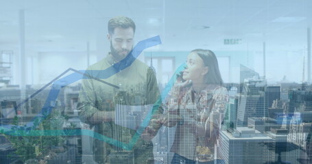 Image of financial data processing and cityscape over diverse business people