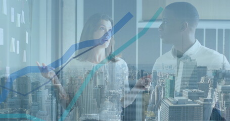 Image of financial data processing and cityscape over diverse business people