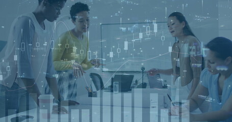 Image of financial data processing and cityscape over diverse business people