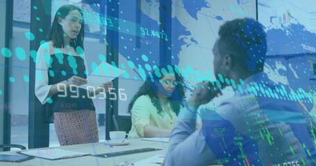 Image of statistics and financial data processing over business people in meeting