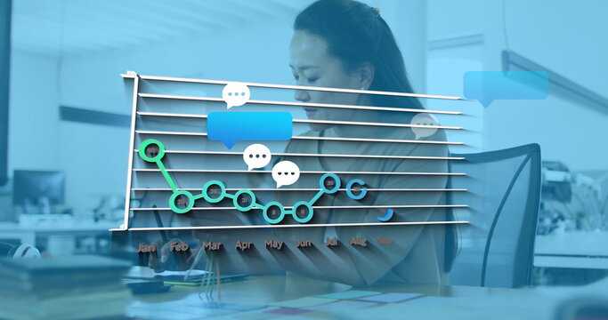 Image of social media reactions and graphs over asian woman in office