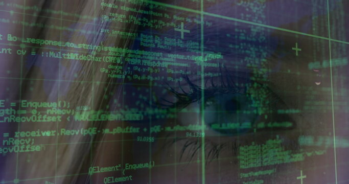 Image of data processing over caucasian woman eye