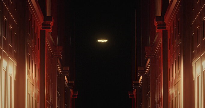 Fototapeta Image of old wood panelled corridor in scary dark interior