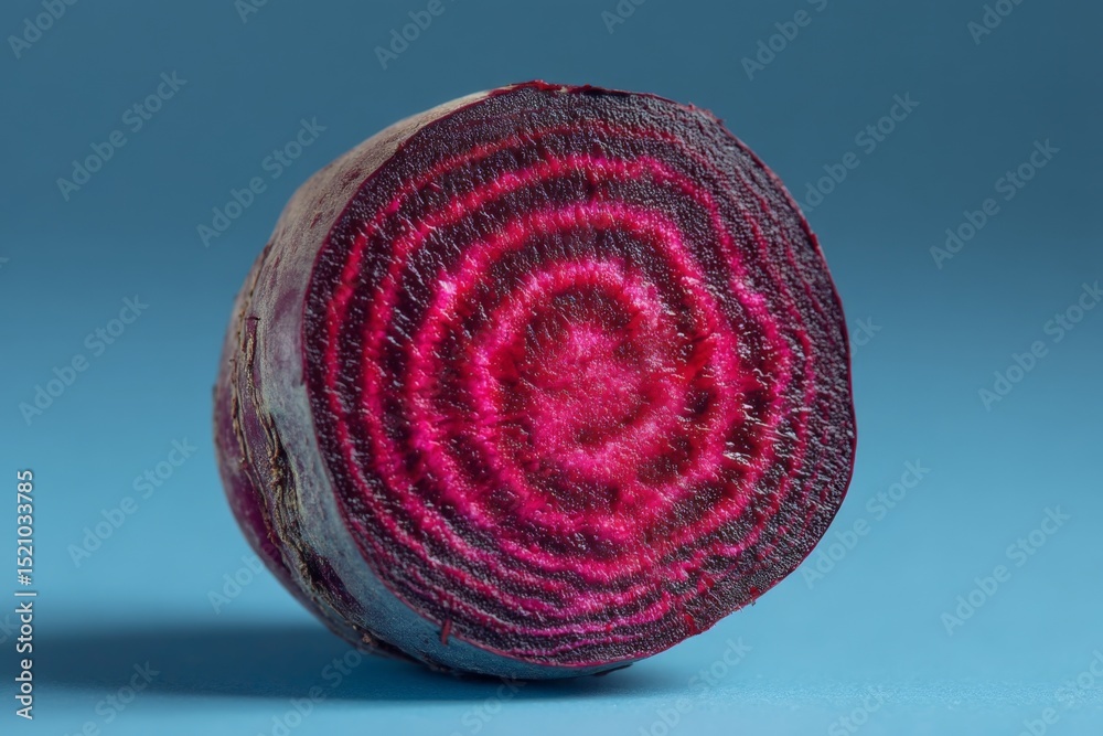 Poster Brightly colored beetroot slice showcases intricate patterns on a blue background during a creative kitchen setting