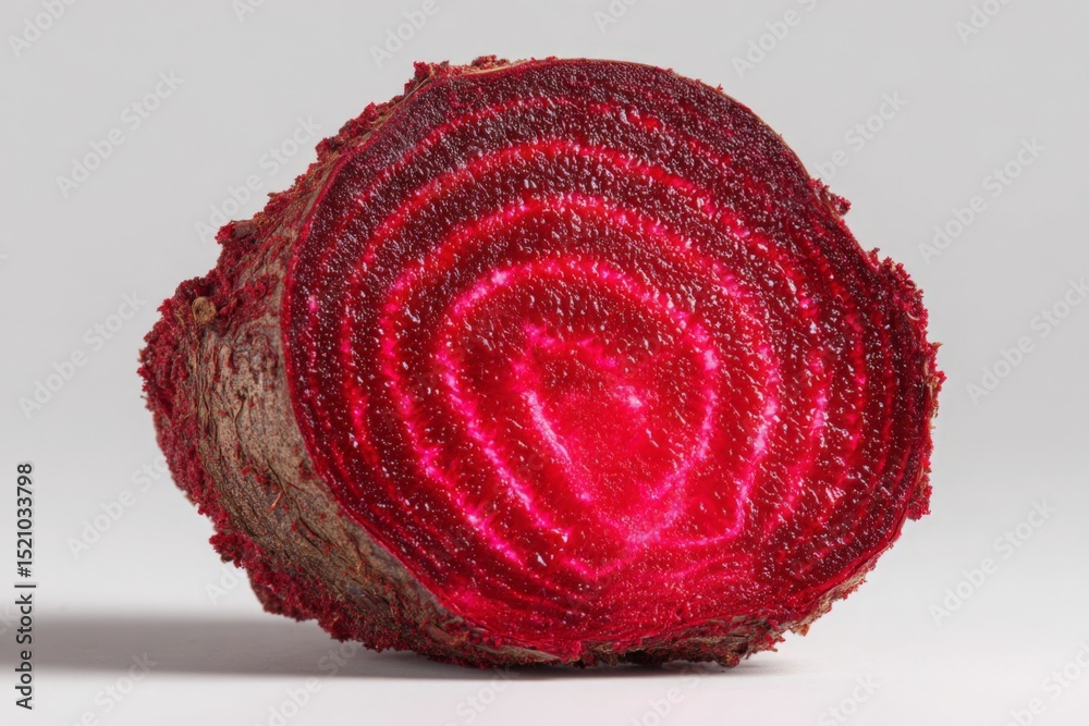 Poster freshly cut beetroot showcases rich red color and intricate internal patterns, ideal for culinary cr