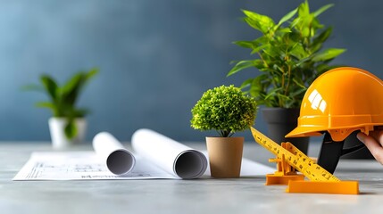 Architectural design workspace with tools and blueprints