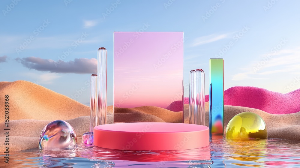 Poster 3d surreal podium in still water, surrounded by multicolored sand and shimmering abstract glass back